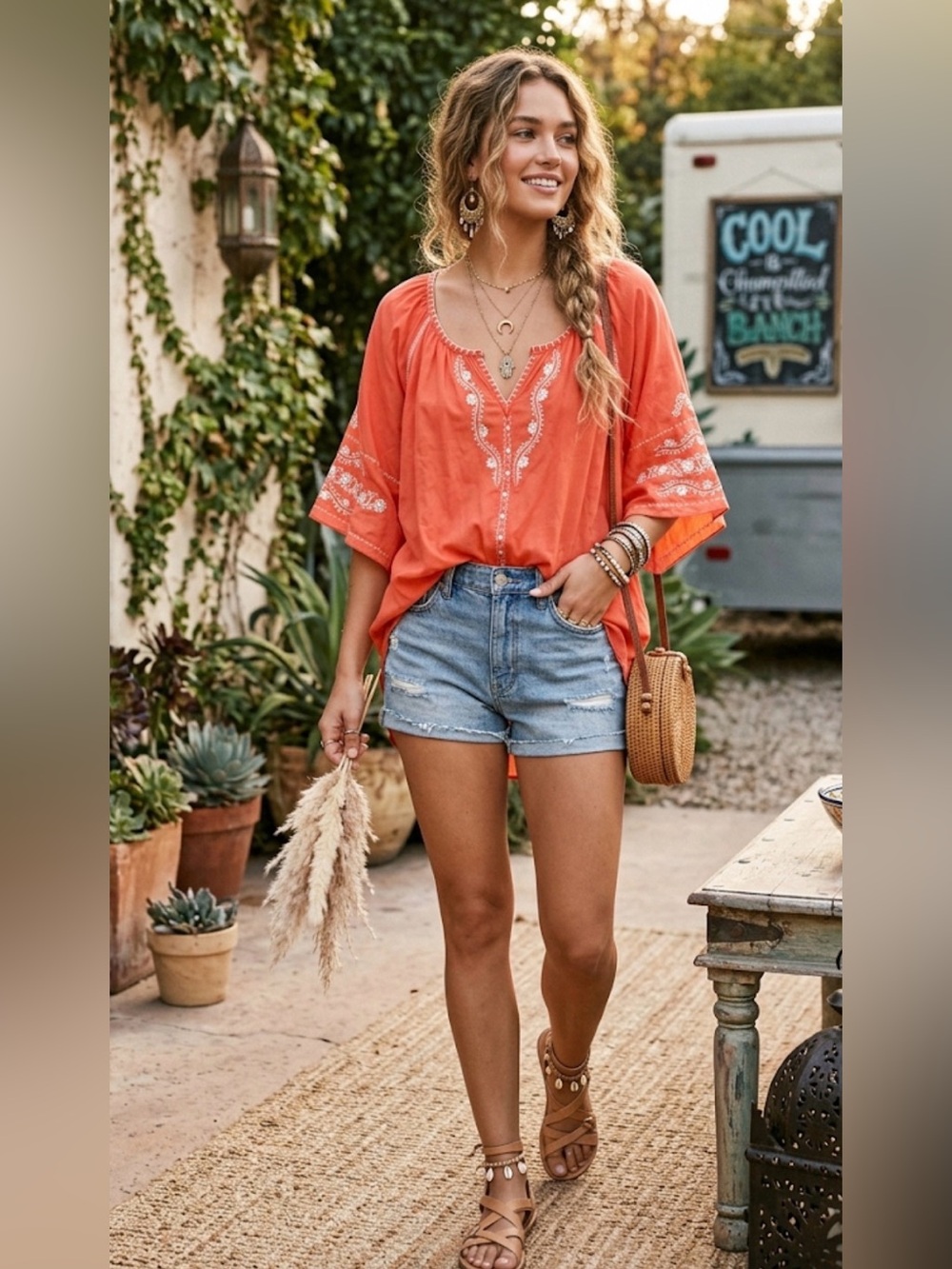 Krista lee coral‎ rayon Embroidered Peasant Top XL Lagenlook artsy bohemian boho